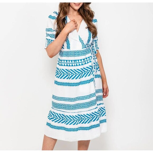 NWT Vero Moda Aztec Inspired Midi Wrap Blue & White Cotton Dress - Picture 1 of 16